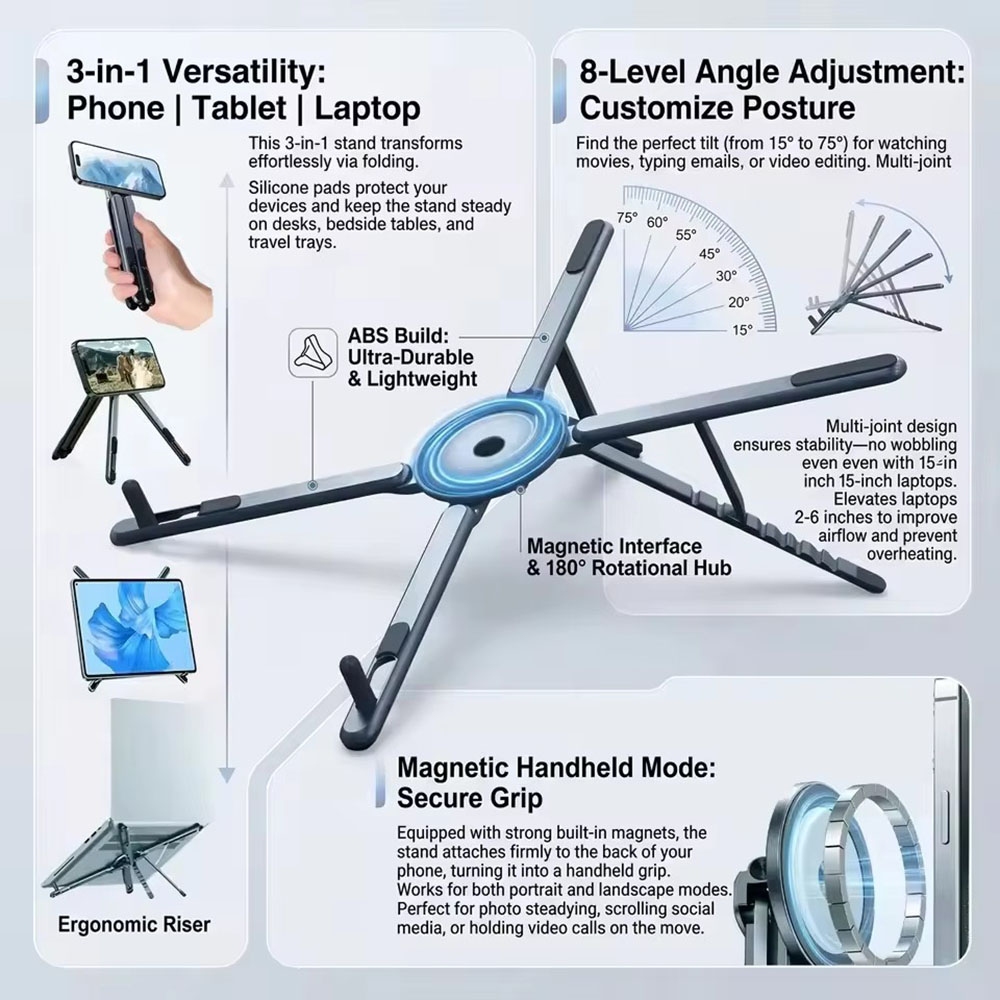 Laptop Office Accessories - Tragbarer Magnetischer Handyhalter & Selfie-Stick 3-in-1