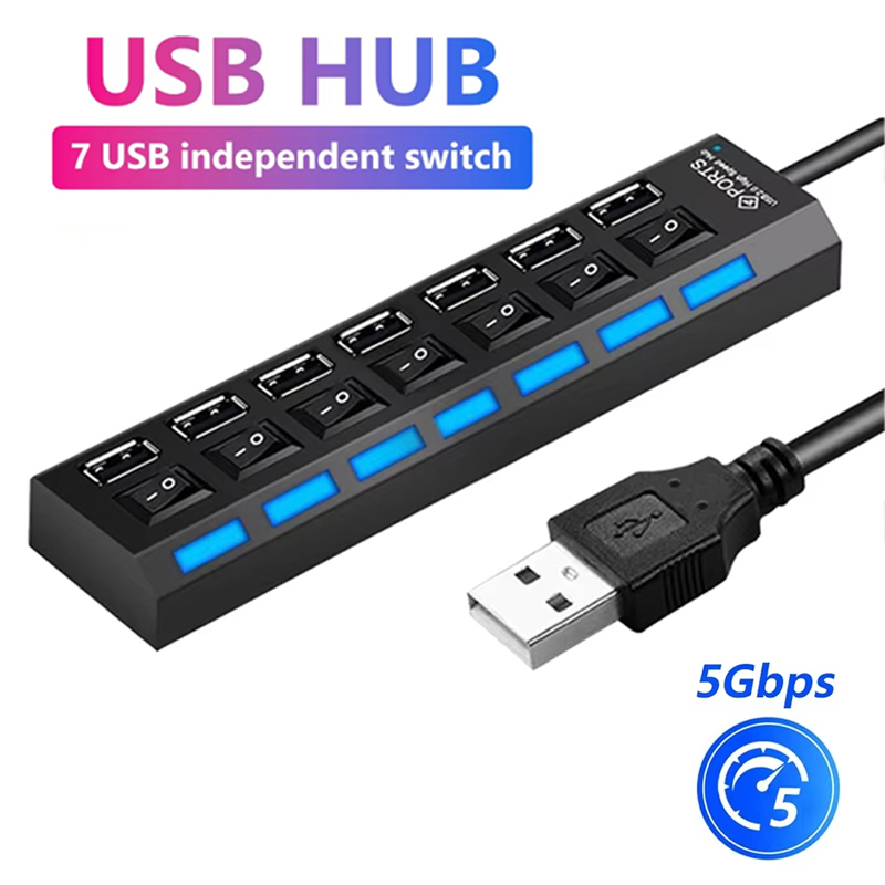 Laptop Office Accessories - 7-Port-USB-2.0-Hub-Splitter für Laptop-Computerzubehör, LED-Anzeige, unabhängige Steuerung,